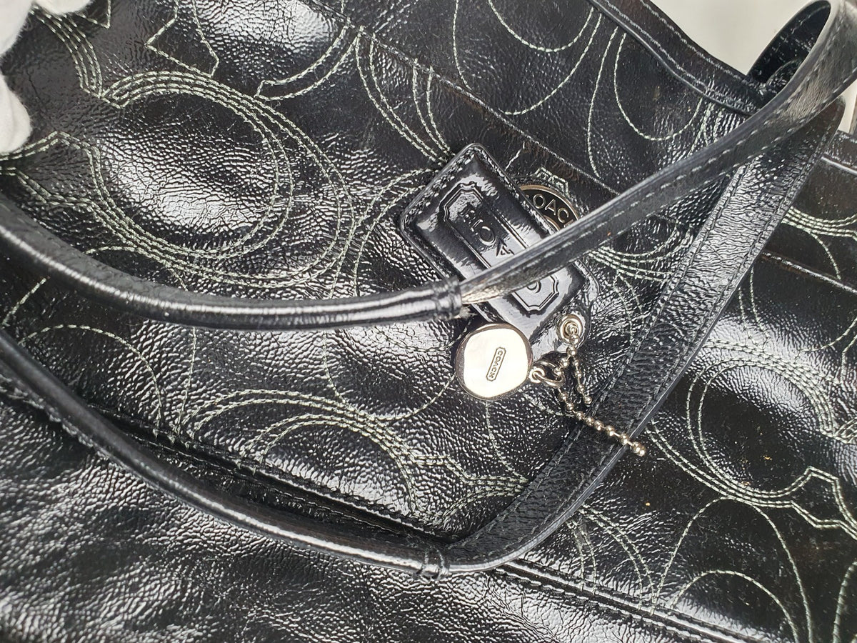 Large Vintage Coach Black Leather Signature Tote Shoulder Bag