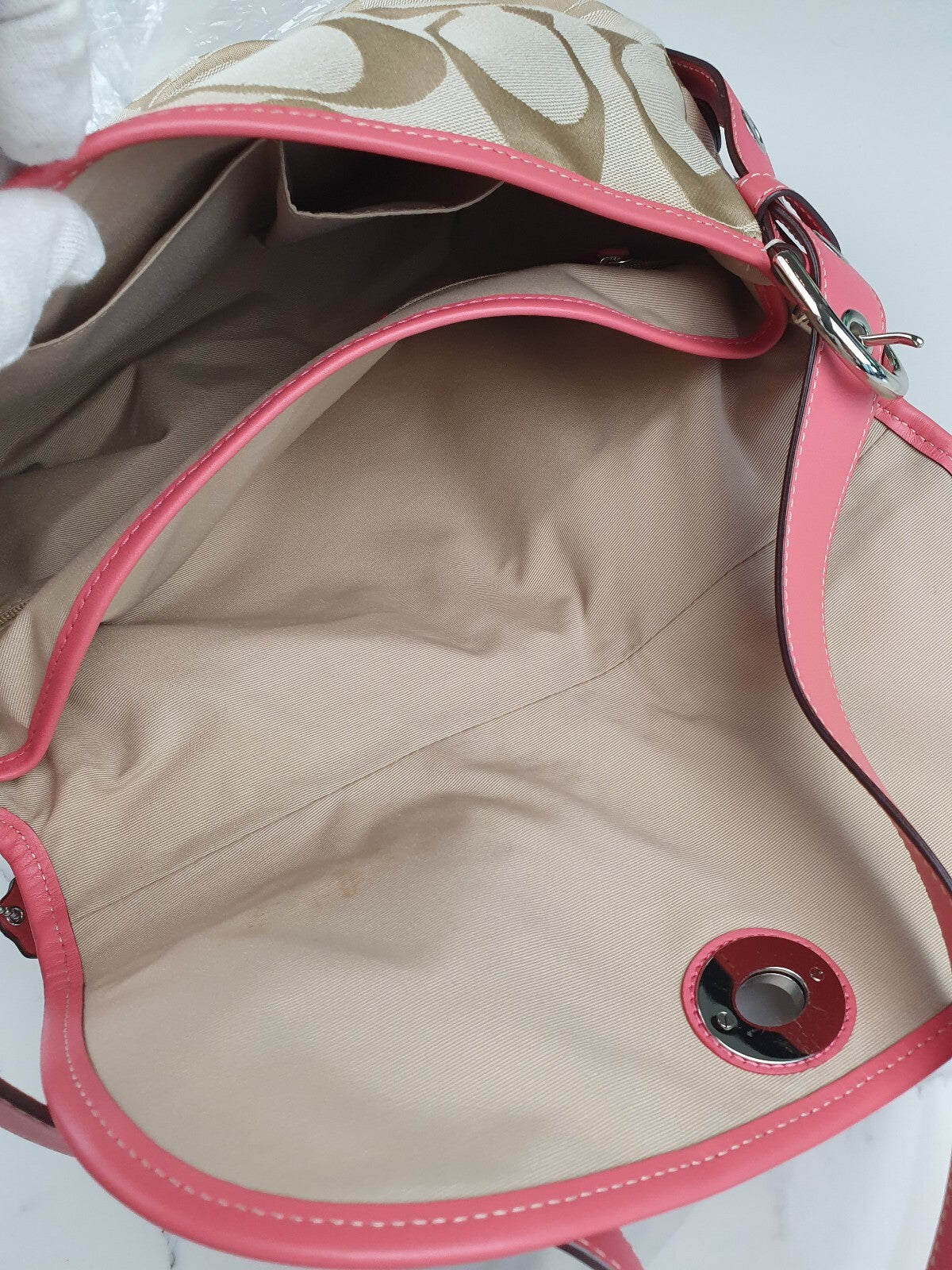 Coach Beige Signature Canvas Shoulder Bag with Pink Leather Trim