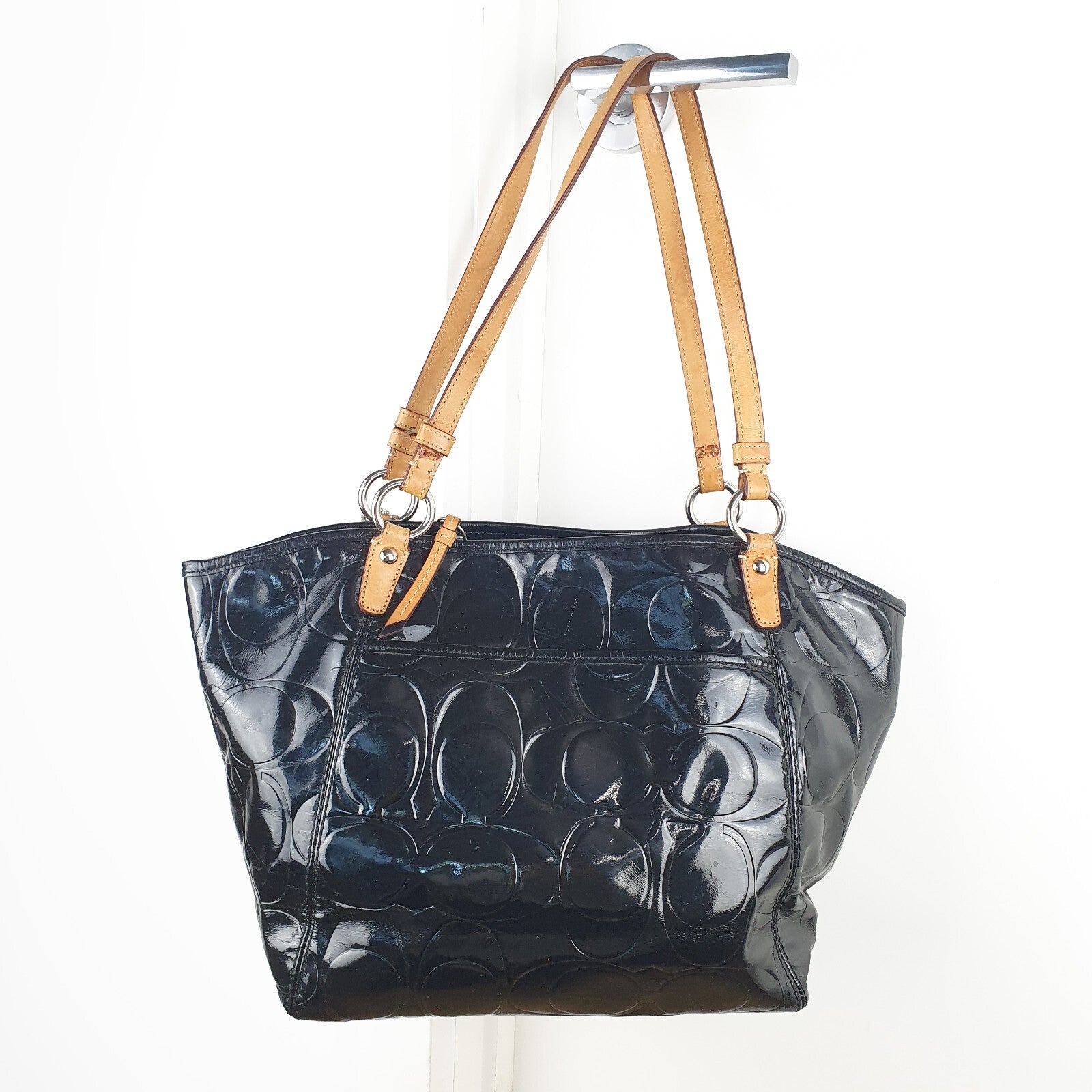 Authentic Coach black patent leather handbag with gold hardware
