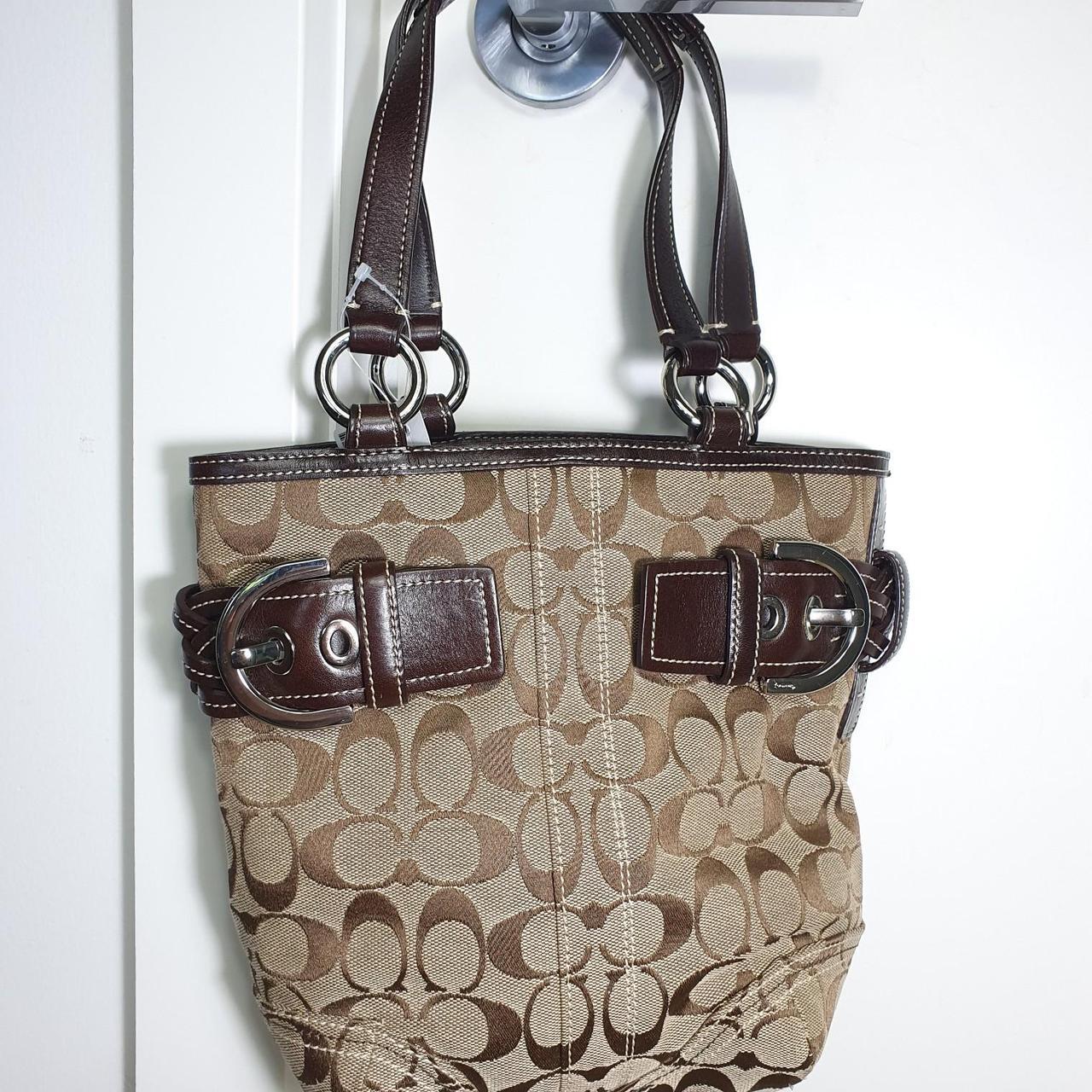 Authentic vintage Coach brown & tan bucket handbag with buckle detail