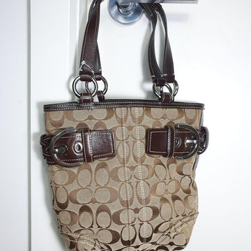 Authentic vintage Coach brown & tan bucket handbag with buckle detail