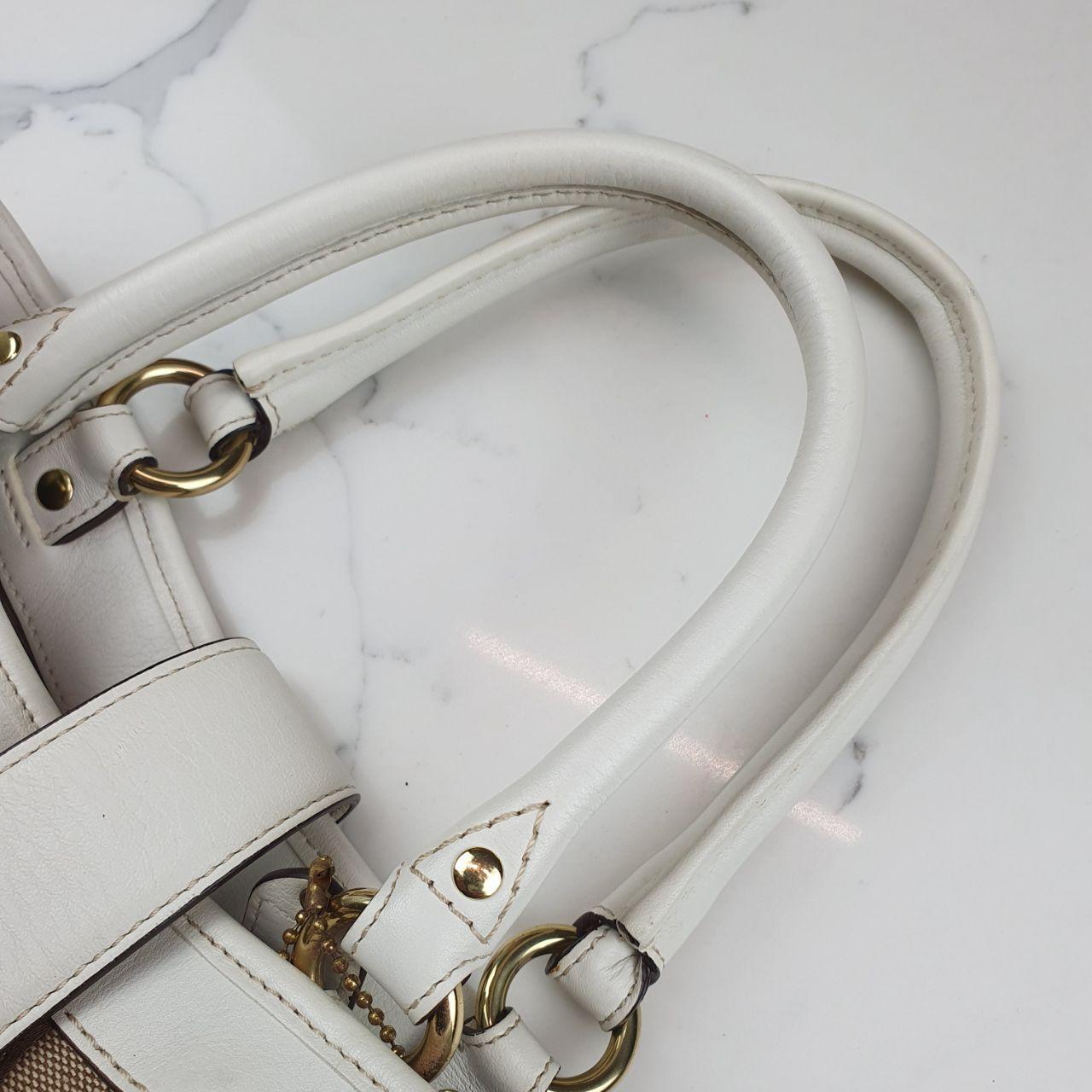 Coach Signature Canvas and White Leather Handbag with Gold Buckle
